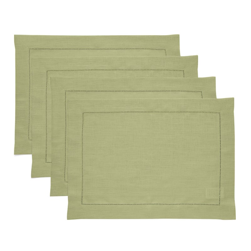 Solino Home Solino Home Linen Placemats 19"" L x 14"" W Inch - 100% Pure Linen Moss Green Cloth Placemats Set of 4 - Classic Hemstitch Washable Fabric Place Mats for St Patrick's Day  Spring  Easter  - Image 1