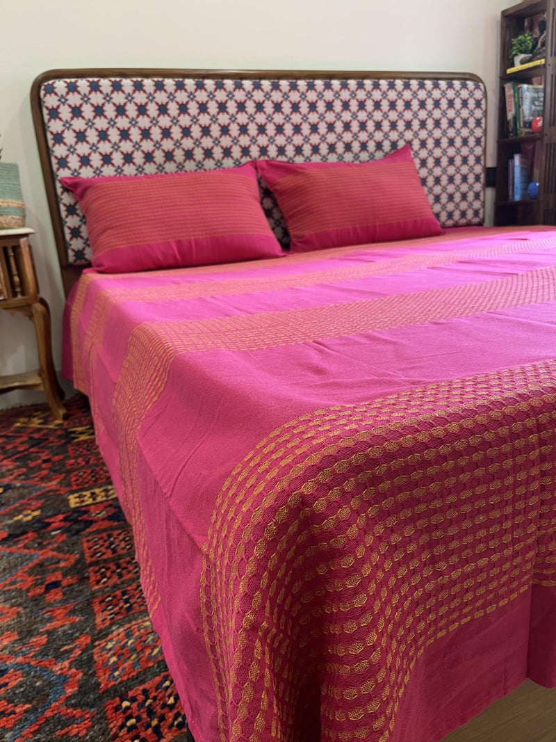RANGBHAR Handloom Cotton Striped Bedsheet For Double Bed, Organic Woven Bedsheet With 2 Pillow Covers, Pink, 90X100 Inch,180 TC - Image 5