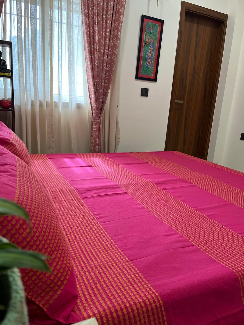 RANGBHAR Handloom Cotton Striped Bedsheet For Double Bed, Organic Woven Bedsheet With 2 Pillow Covers, Pink, 90X100 Inch,180 TC - Image 4