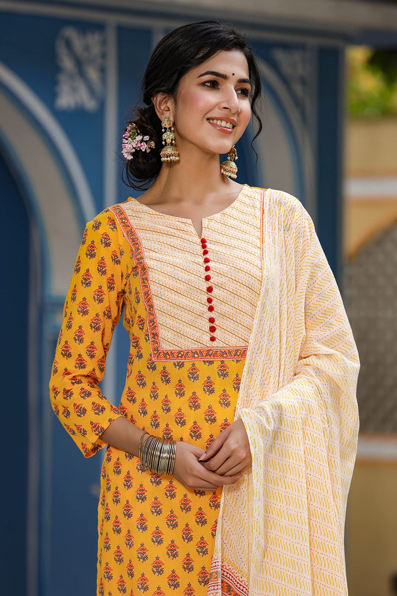Vaamsi Women's Rayon Blend Ethnic Motifs Printed Straight Kurta Palazzo With Dupatta (VKSKD1042_Yellow_M) - Image 5