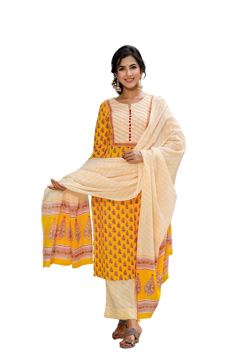 Vaamsi Women's Rayon Blend Ethnic Motifs Printed Straight Kurta Palazzo With Dupatta (VKSKD1042_Yellow_M) - Image 1