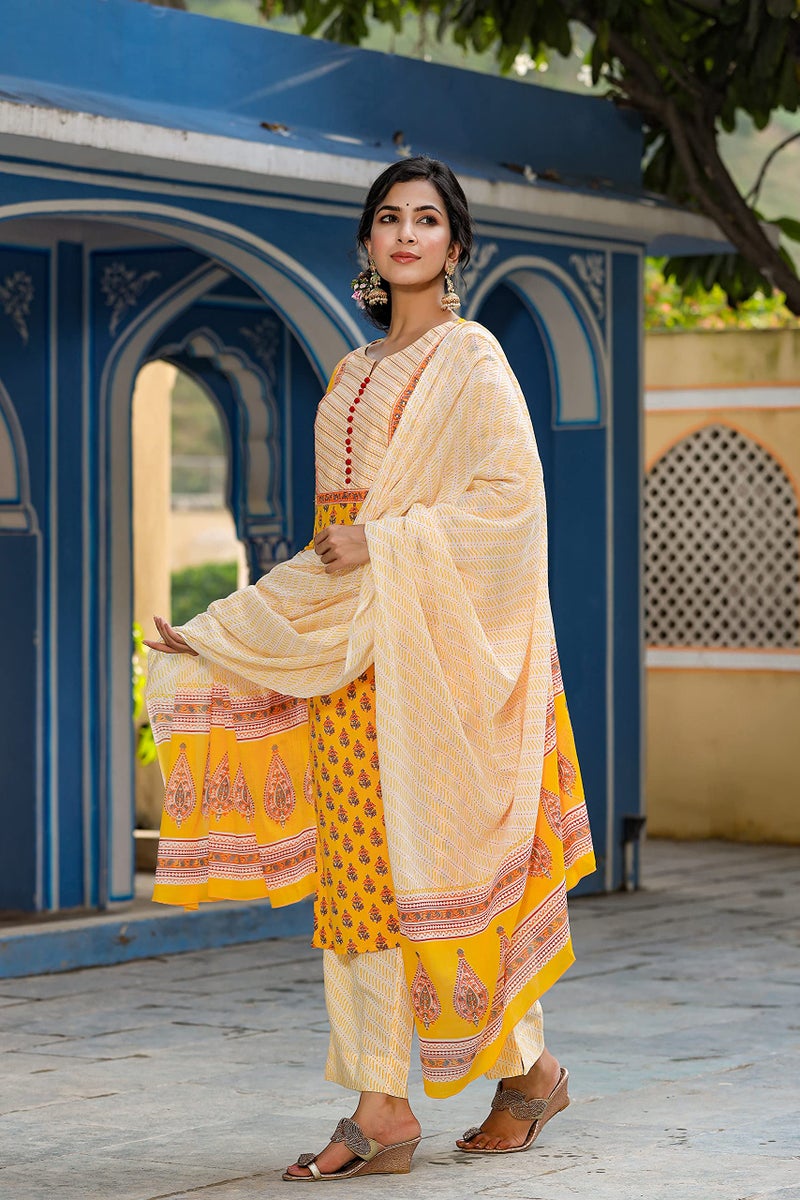 Vaamsi Women's Rayon Blend Ethnic Motifs Printed Straight Kurta Palazzo With Dupatta (VKSKD1042_Yellow_M) - Image 3