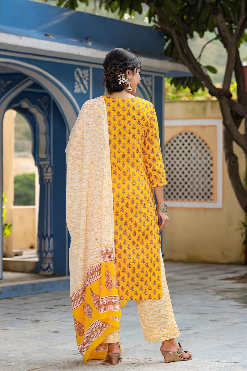 Vaamsi Women's Rayon Blend Ethnic Motifs Printed Straight Kurta Palazzo With Dupatta (VKSKD1042_Yellow_M) - Image 4