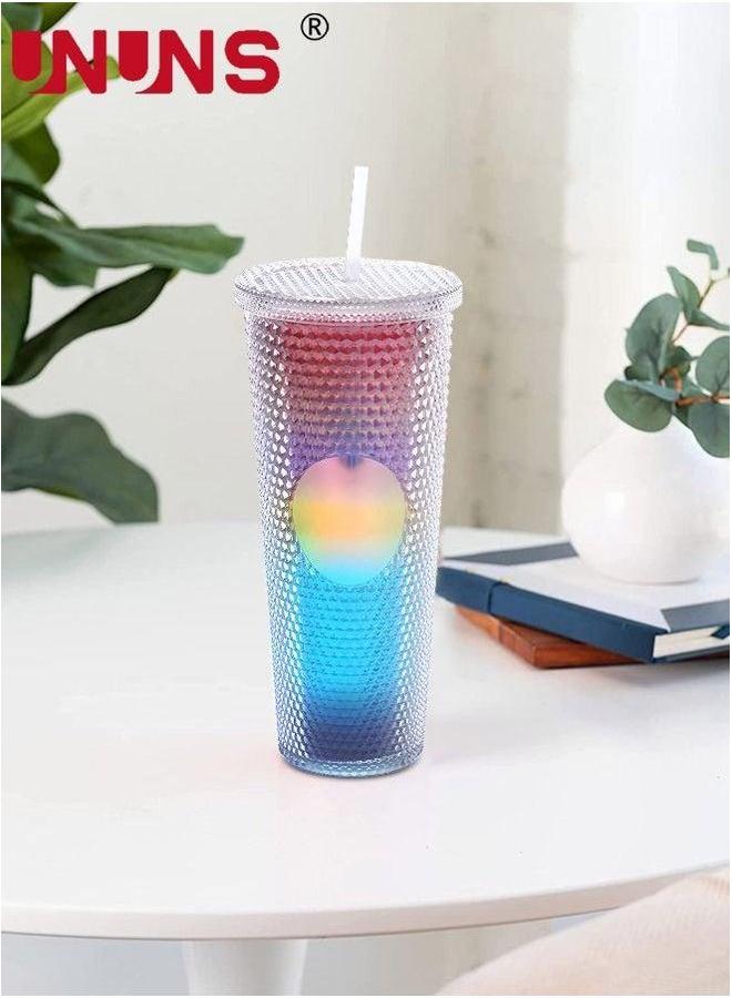 UNUNS كوب ماء مع قشة وغطاء، 24 أونصة، كوب قهوة ملون متدرج مزخرف للسفر، المكتب، المنزل - Image 1