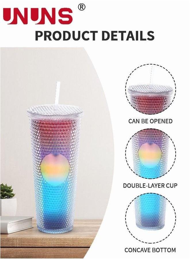 UNUNS كوب ماء مع قشة وغطاء، 24 أونصة، كوب قهوة ملون متدرج مزخرف للسفر، المكتب، المنزل - Image 3