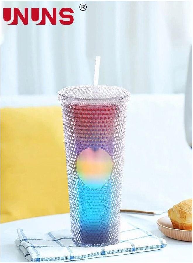 UNUNS كوب ماء مع قشة وغطاء، 24 أونصة، كوب قهوة ملون متدرج مزخرف للسفر، المكتب، المنزل - Image 5