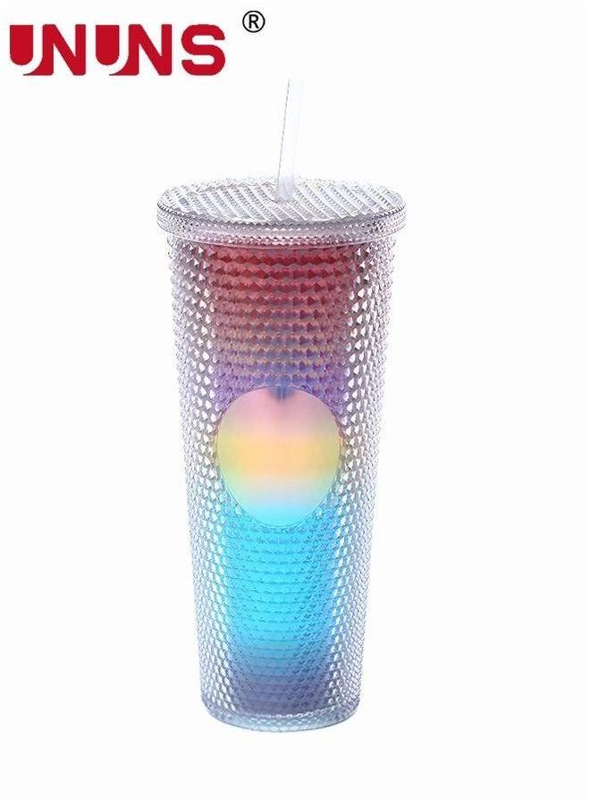 UNUNS كوب ماء مع قشة وغطاء، 24 أونصة، كوب قهوة ملون متدرج مزخرف للسفر، المكتب، المنزل - Image 2