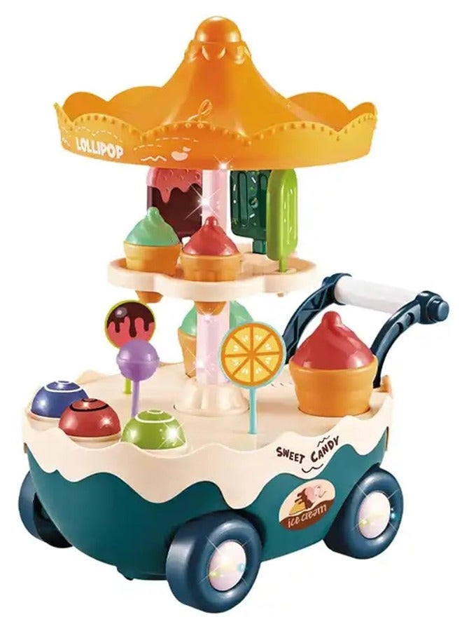 Baybee 17 Piece Ice Cream Toys with Sweet Candy Cart Kids Play House Toys, Pretend Play, Ice Cream Lollipop Chocolate Large Storage Rotatable Light Up Musical Toy Gift for Toddler Boys Girls 3+ Years