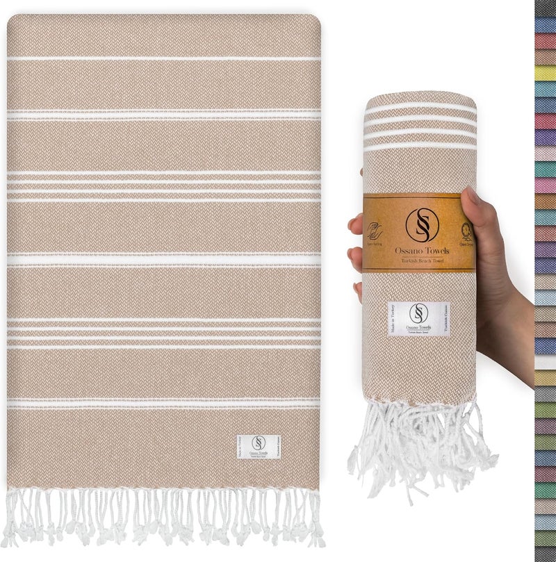 Ossano Turkish Beach Towel Absorbent & Quick Dry Oversized (39" x 71") - Decorative, Versatile and Functional as Yoga Mat, Picnic Blanket, Travel Blanket, Bath, Shower, Gym Towel - Beige - Image 1