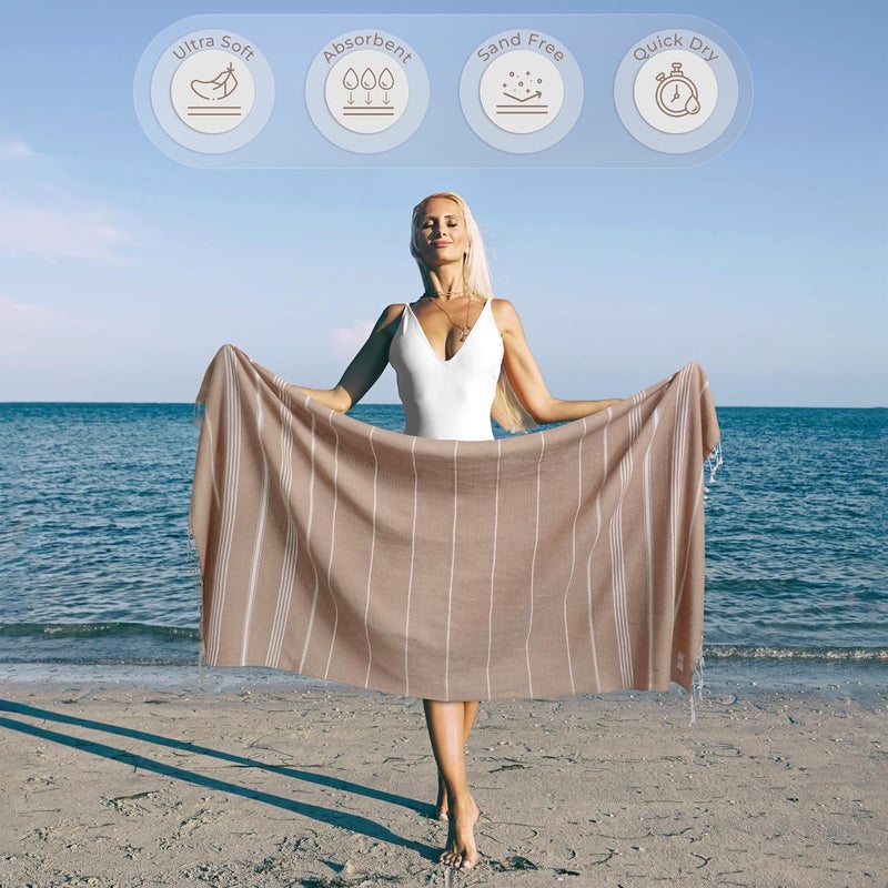 Ossano Turkish Beach Towel Absorbent & Quick Dry Oversized (39" x 71") - Decorative, Versatile and Functional as Yoga Mat, Picnic Blanket, Travel Blanket, Bath, Shower, Gym Towel - Beige - Image 2