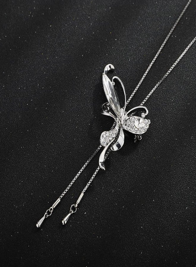 Wiwpar Long Chain Necklace Butterfly Pendant Sweater Necklace with Created Crystals Rhinestone Butterfly Long Tassel Chain Necklace Fashion Jewelry for Women Wedding (Silver) - Image 5