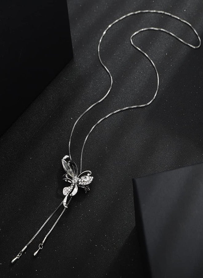 Wiwpar Long Chain Necklace Butterfly Pendant Sweater Necklace with Created Crystals Rhinestone Butterfly Long Tassel Chain Necklace Fashion Jewelry for Women Wedding (Silver) - Image 4