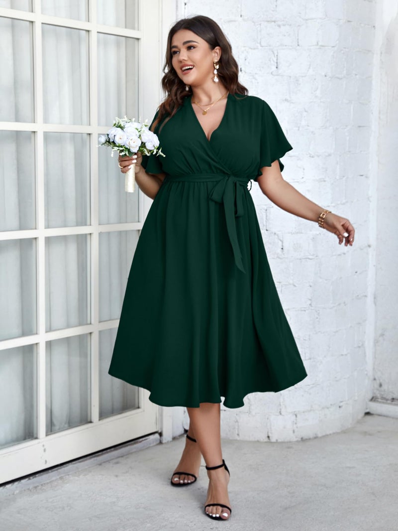 SCOMCHIC Womens Plus Size Wedding Guest Cocktail Midi Dress Summer Short Sleeve Wrap V Neck Belted A-Line Flowy Dress - Image 2