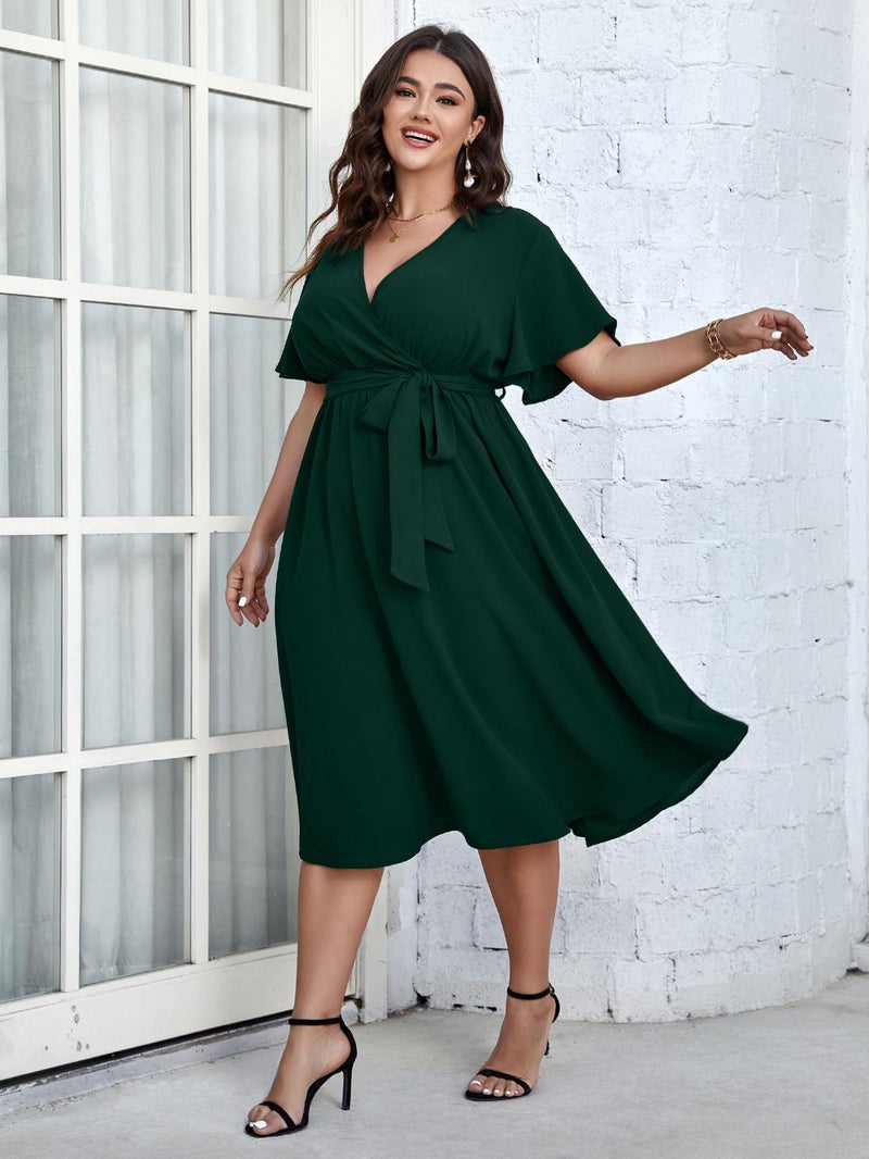 SCOMCHIC Womens Plus Size Wedding Guest Cocktail Midi Dress Summer Short Sleeve Wrap V Neck Belted A-Line Flowy Dress - Image 5