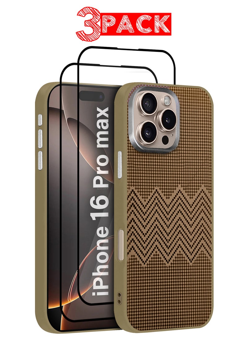 CATANES iPhone 16 Pro Max 3Packs Case Cover Carbon Fiber Pattern Phone Case Slim Shockproof Back Cover with Two 3D Screen Protectors - Striped Pattern - Image 1