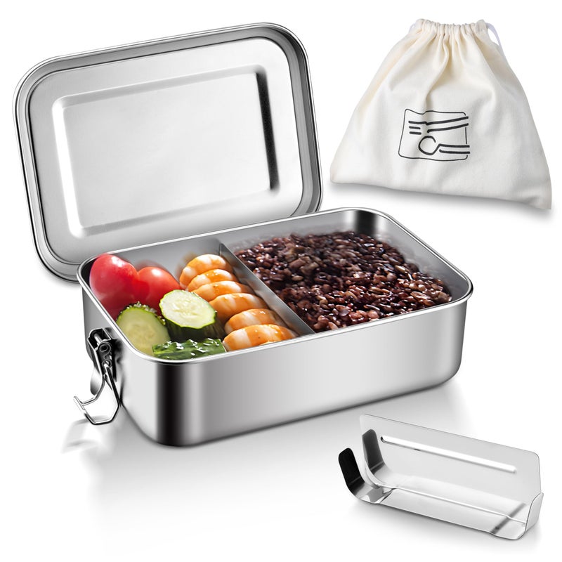 HaWare Stainless Steel Bento Box 47oz 1400ML Lunch Box Container with Lids and 2 Removable Dividers Metal Lunch Containers with Locking Clips LeakProof Food Storage Containers for Work School