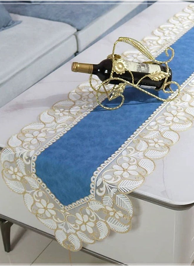 XiuWoo - Luxury Waterproof Oil-proof No-wash Leather Lace Table Runner For Decoration Blue - Image 1