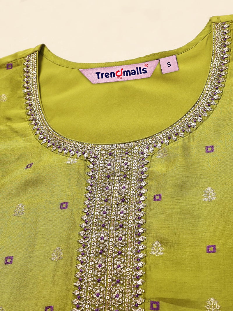 TRENDMALLS طقم كورتا وبنطلون حرير مطرز للنساء من TRENDMALLS مع شال باناراسي (G238-أخضر-XXL) - Image 5