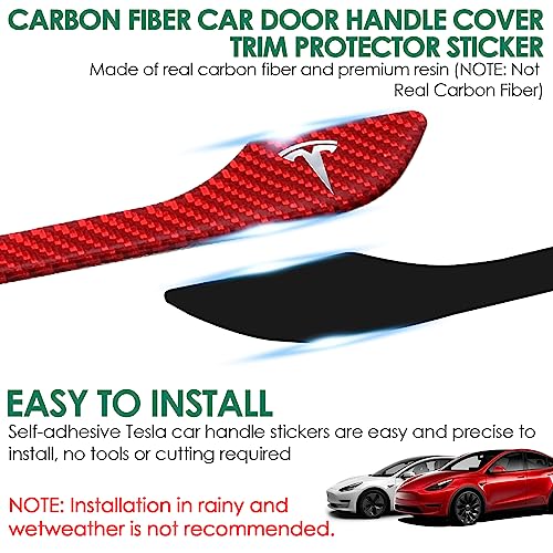 ONKENTET 4PCS Door Handle Cover Compatible with Tesla Model 3 (2019-2025) Highland Model Y (2020-2026) Juniper Real Carbon Fiber 3D Sticker Wrap Covers Exterior Trim Door Sill Protector Accessories (Red) - Image 4
