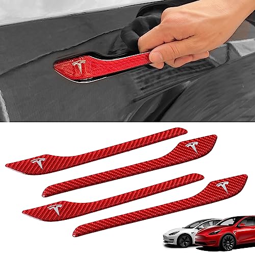 ONKENTET 4PCS Door Handle Cover Compatible with Tesla Model 3 (2019-2025) Highland Model Y (2020-2026) Juniper Real Carbon Fiber 3D Sticker Wrap Covers Exterior Trim Door Sill Protector Accessories (Red) - Image 1