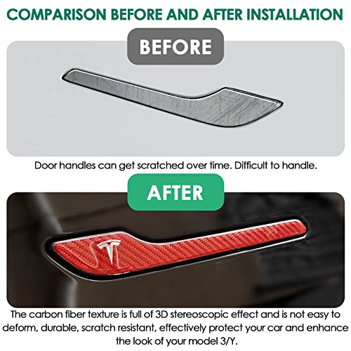 ONKENTET 4PCS Door Handle Cover Compatible with Tesla Model 3 (2019-2025) Highland Model Y (2020-2026) Juniper Real Carbon Fiber 3D Sticker Wrap Covers Exterior Trim Door Sill Protector Accessories (Red) - Image 2