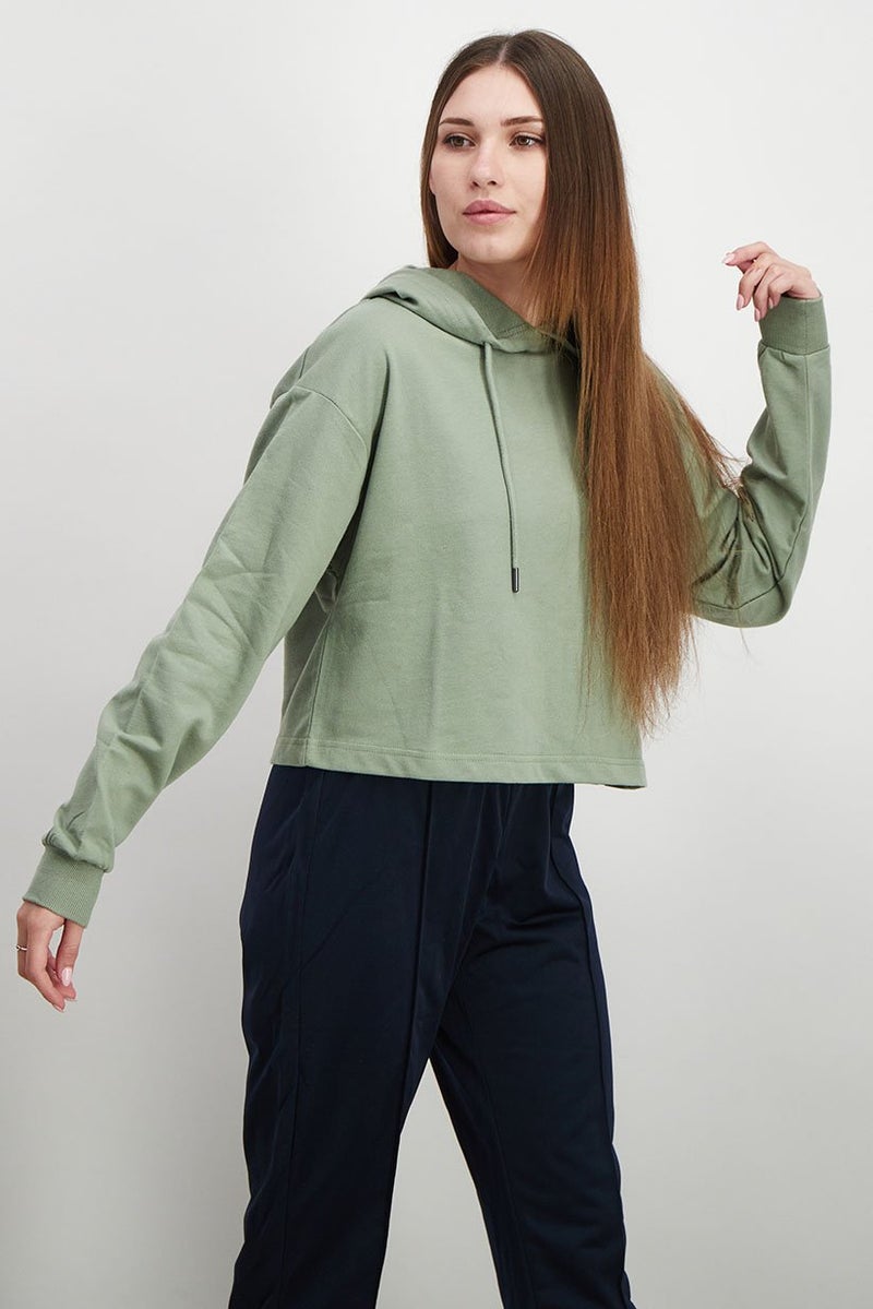 XOXO Women Hood With Drawstring Plain Sweatshirt, Olive - Image 4