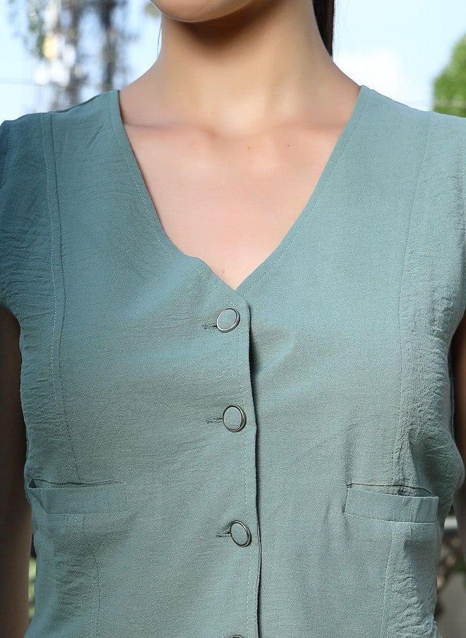 PlusS Sea Green V-Neck Coat With Skirt For Women - Image 2