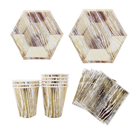 Party Plates Bronzing Silver Rose Gold Disposable Party Paper Plate Paper Cup Paper Towel Straw Knife and Fork Spoon Bronzing wood grain 