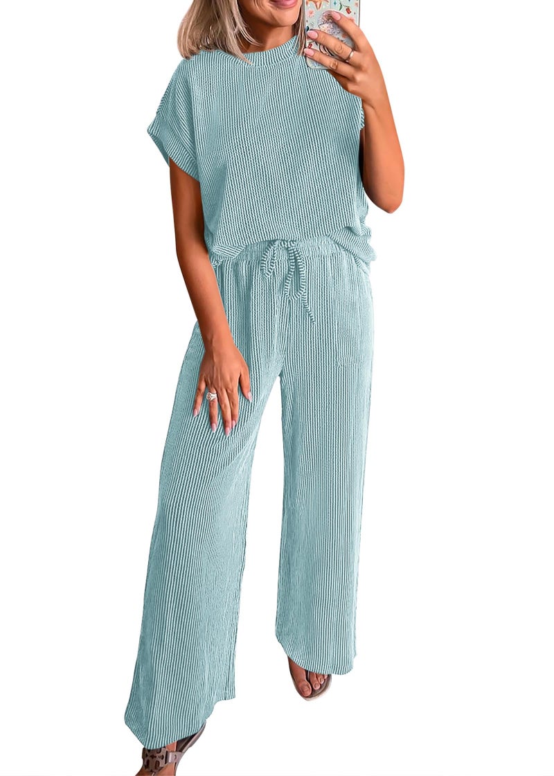 KIRUNDO 2 Piece Sets for Women Dressy Casual Ribbed Knit Short Sleeve Tops Wide Leg Pants Lounge Set Travel Airport Outfits(Aqua Blue, Large) - Image 1