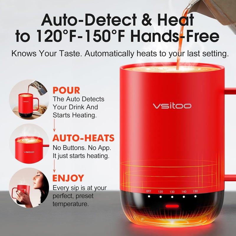 vsitoo S3 Pro 16oz Self Heating Coffee Mug with AI Auto-Sensing, Smart Rechargeable Heated Mug Warmer 120-150℉, IPX7 Waterproof Temperature Control, Gift for Men Women - Red - Image 2