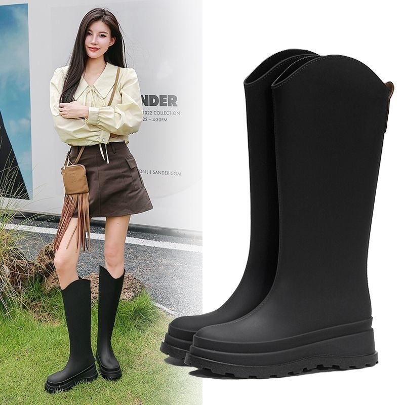 Soft-Soled Wear-Resistant Rain Boots Women'S Adult Fashion High-Rise Waterproof Rain Boots Lightweight Non-Slip Long Water Boots Inner Heightening Rubber Shoes - Image 1