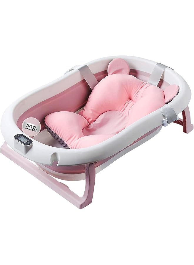 TRASSLE Foldable Baby Bath Tub Newborn Baby Tub With Soft Bath Mat And Real Time Water Temperature Display (Pink) - Image 1