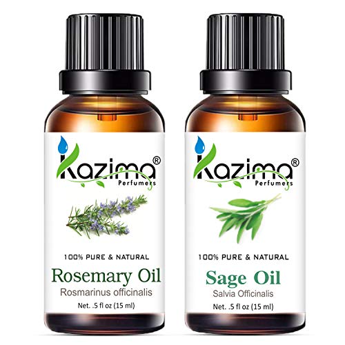 KAZIMA Combo of Rosemary Oil & Sage Oil - 100% Pure Essential Oil for Hair Growth, Skin Care, Aromatherapy, Body & Massage, 15 ml each - Image 1