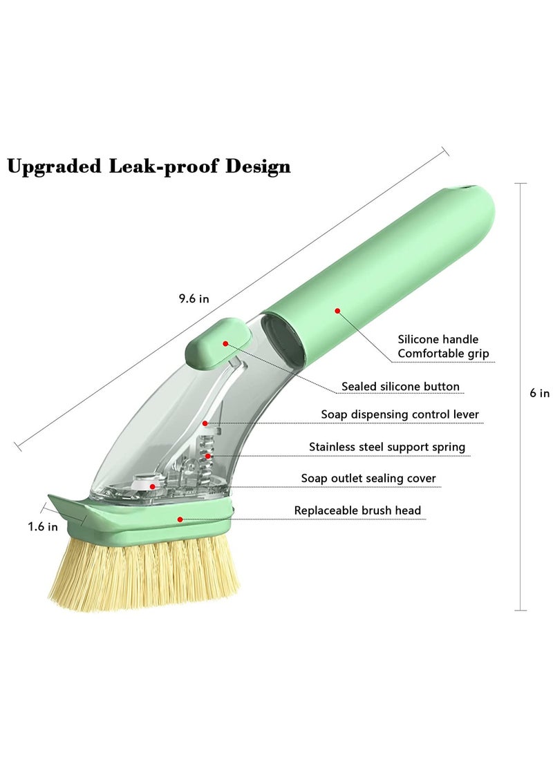 Soap Dispensing Dish Brush with Handle, Kitchen Washing Scrubber for Dishes Pots Pans Sink Cleaning, Natural Sisal Bristles, Sponge Brush, 4 Replaceable Brush Heads