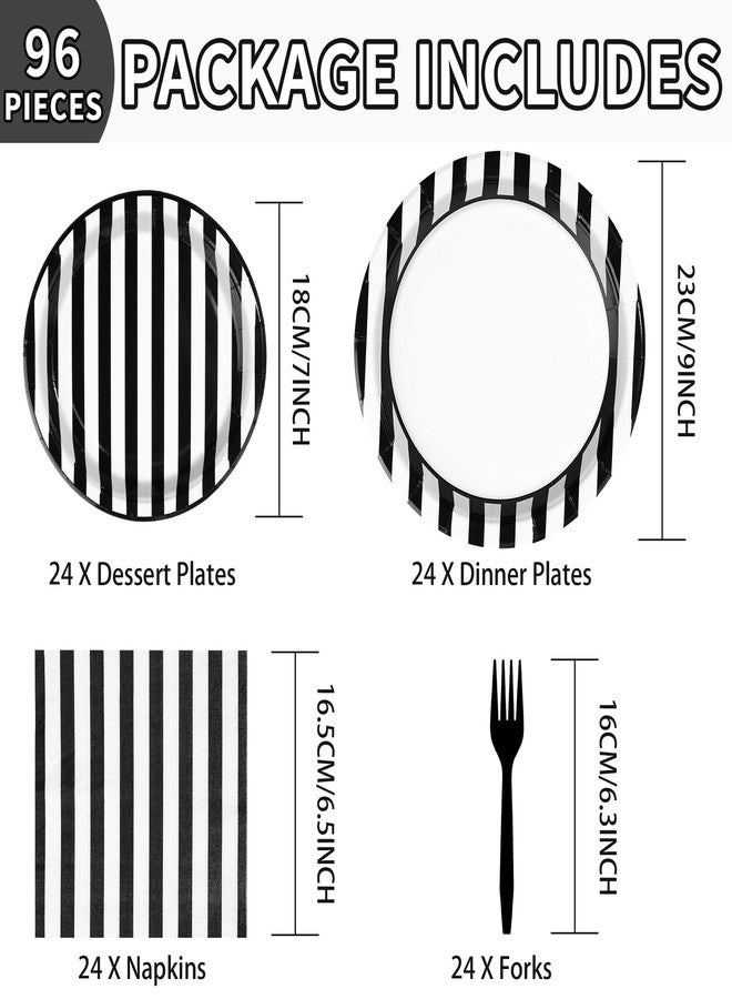 Grencian 96Pcs Black and White Striped Party Decorations Black and White Striped Party Plates Disposable 350GSM Striped Paper Tableware Set for Birthday Wedding Halloween Party, Serves 24 - Image 2
