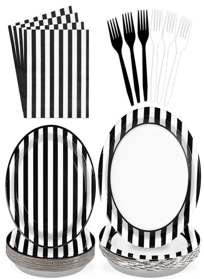Grencian 96Pcs Black and White Striped Party Decorations Black and White Striped Party Plates Disposable 350GSM Striped Paper Tableware Set for Birthday Wedding Halloween Party, Serves 24 - Image 1
