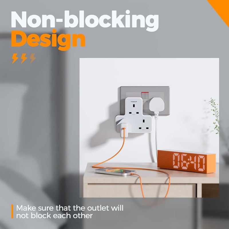 Multi Plug Extension Socket, 3 Way Plug Adapter UK, Non Blocking Triple Socket Extensions, Multiplug Power Extender with 3 Electrical Outlets for Home, Office, School Supplies - Image 3