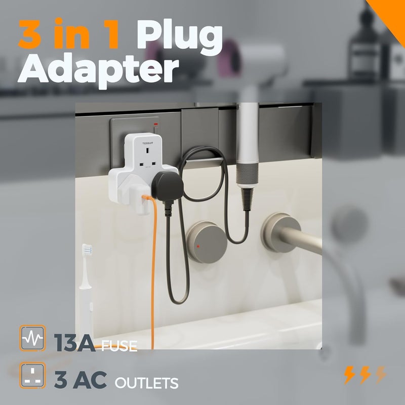 Multi Plug Extension Socket, 3 Way Plug Adapter UK, Non Blocking Triple Socket Extensions, Multiplug Power Extender with 3 Electrical Outlets for Home, Office, School Supplies - Image 2
