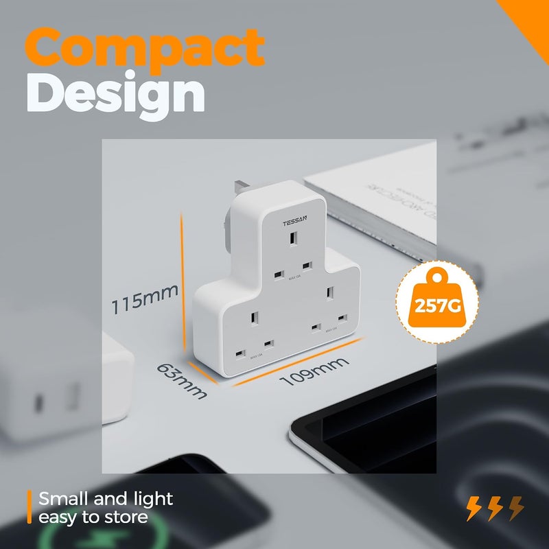 Multi Plug Extension Socket, 3 Way Plug Adapter UK, Non Blocking Triple Socket Extensions, Multiplug Power Extender with 3 Electrical Outlets for Home, Office, School Supplies - Image 4