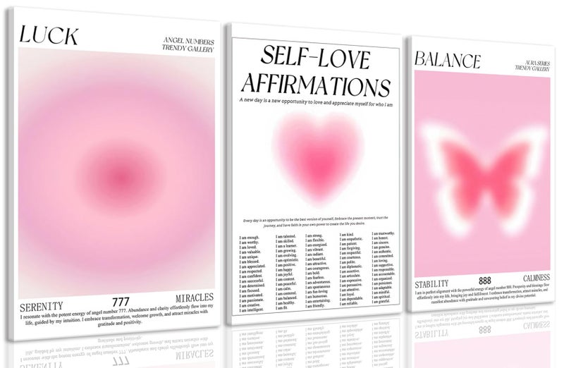 KISSFOX 3 Piece Canvas Wall Art Pink Bow Heart Wall Decor Aura Framed Art Angel Number Self Love Affirmations Pictures Trendy Aesthetic Preppy Paintings For Apartment Dorm Women Girls Bedroom