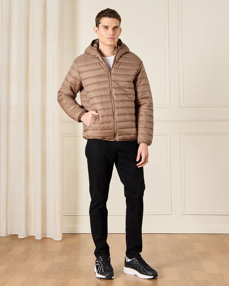 REDTAG Men Brown Hooded Puffer Jacket
