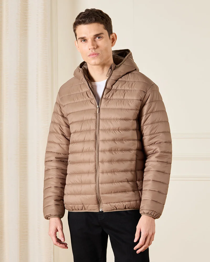 REDTAG Men Brown Hooded Puffer Jacket
