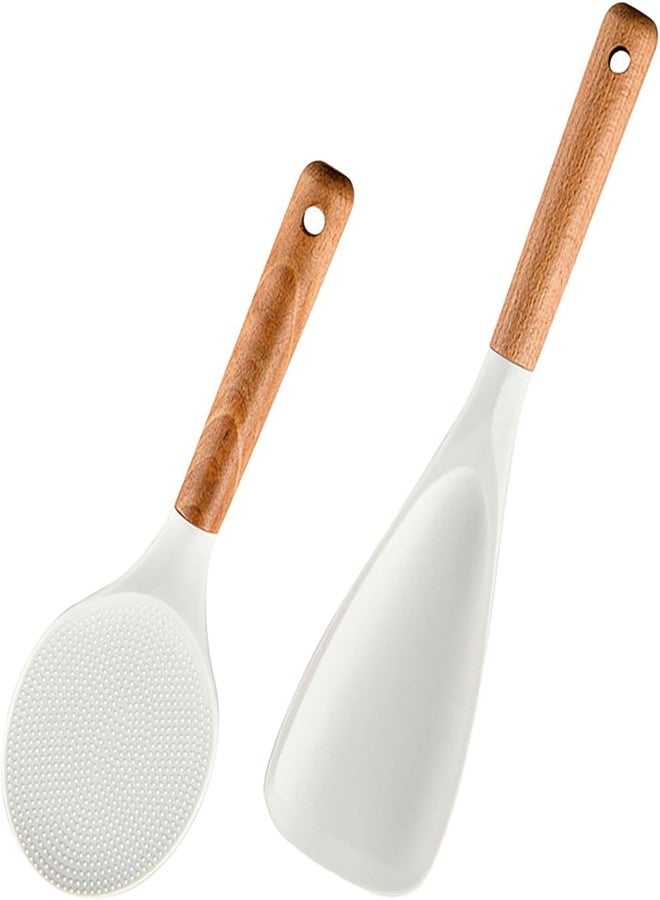 GZLT 2 Pcs Silicone Cooking Spoons for Nonstick Cookware - Wooden Handle Rice Scooper & Serving Spoon, BPA-Free Matte Silicone - Great for Mixing, Scraping, and Stirring (White-2-Pcs) - Image 1