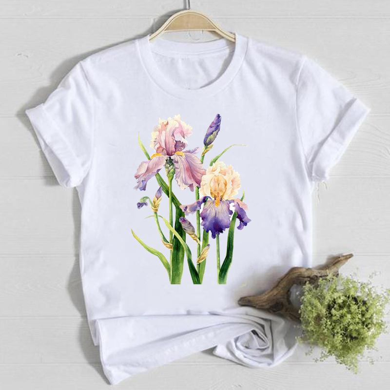 Horticultural Flowers Personality Pattern Round Neck Printed White T-Shirt Short Sleeve Women'S Wish/ - Image 1