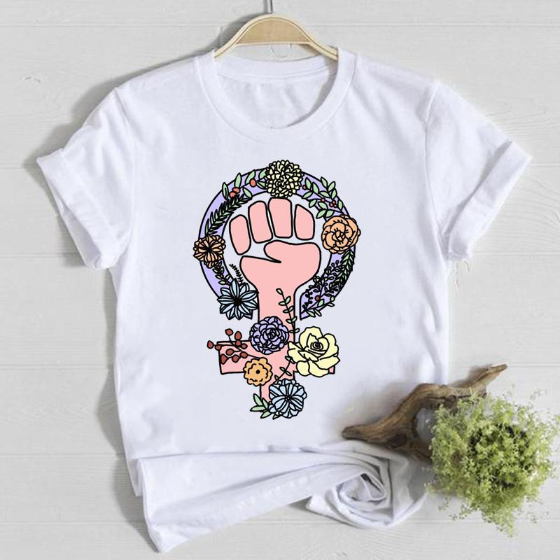 Horticultural Flowers Personality Pattern Round Neck Printed White T-Shirt Short Sleeve Women'S Wish/ - Image 3