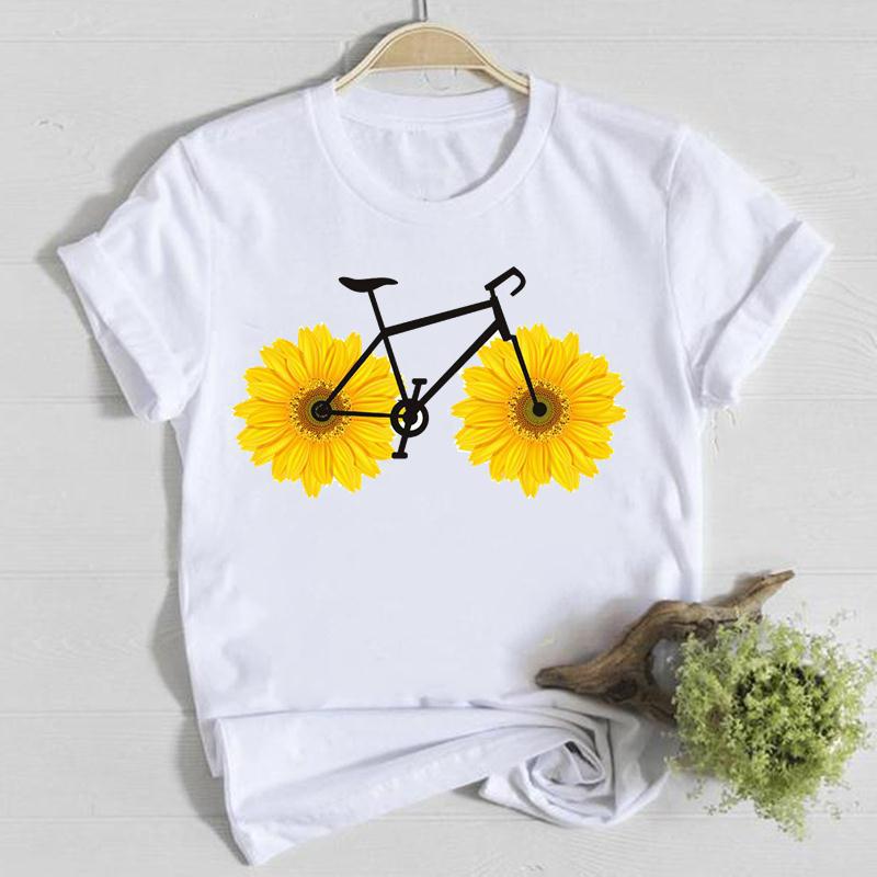 Horticultural Flowers Personality Pattern Round Neck Printed White T-Shirt Short Sleeve Women'S Wish/ - Image 4