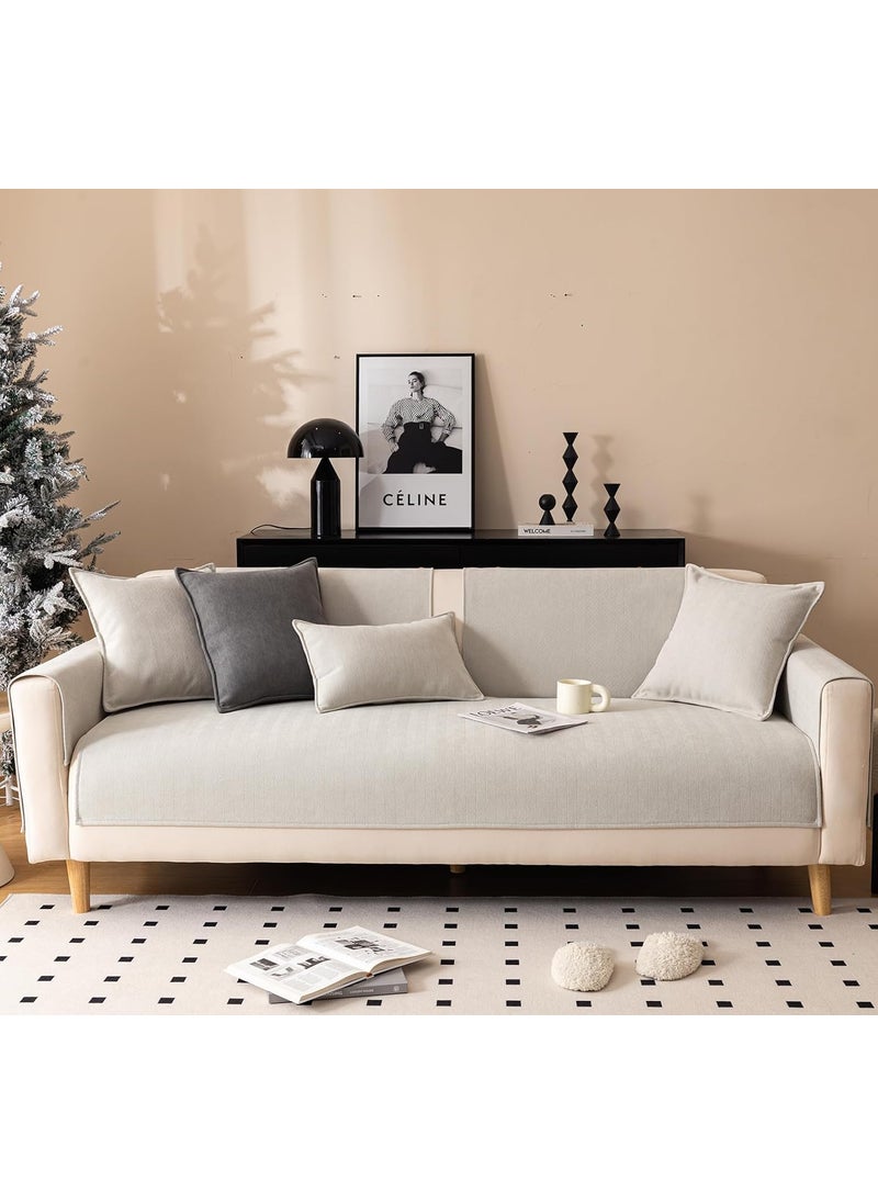 HOUSE OF QUIRK - House of Quirk Sofa Covers Herringbone Chenille Fabric 1/2/3/4 Seater Sofa Slipcover Anti-Slip Stretch Seat Pad from Pets Replacement Protector (Three Seater, Beige, 70x180cm) - Image 1
