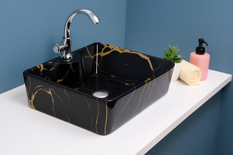OSOSAM Imported Premium Designer Table Top Wash Basin – Ceramic Bathroom Sink – Over Counter Basin (20 x 15 x 5.5 Inch) – Black Gold Jelly - Image 3