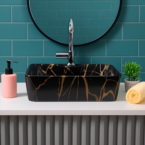 OSOSAM Imported Premium Designer Table Top Wash Basin – Ceramic Bathroom Sink – Over Counter Basin (20 x 15 x 5.5 Inch) – Black Gold Jelly - Image 2