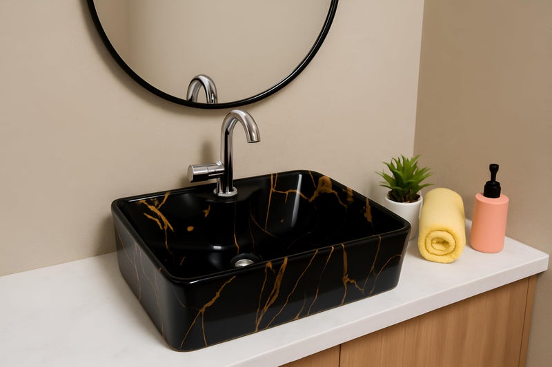 OSOSAM Imported Premium Designer Table Top Wash Basin – Ceramic Bathroom Sink – Over Counter Basin (20 x 15 x 5.5 Inch) – Black Gold Jelly - Image 4